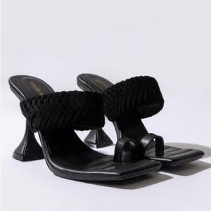 Azalea Wang Black Vegan Leather Woven Strap High Heel Sandals